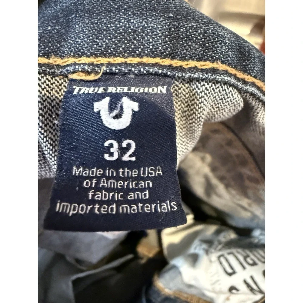 True Religion Ricky Straight Flap Jeans Men Sz 32 x 31 Blue Distress 100% Cotton